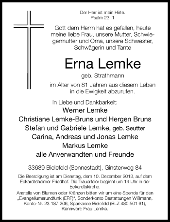 Traueranzeige von Erna Lemke von Neue Westfälische