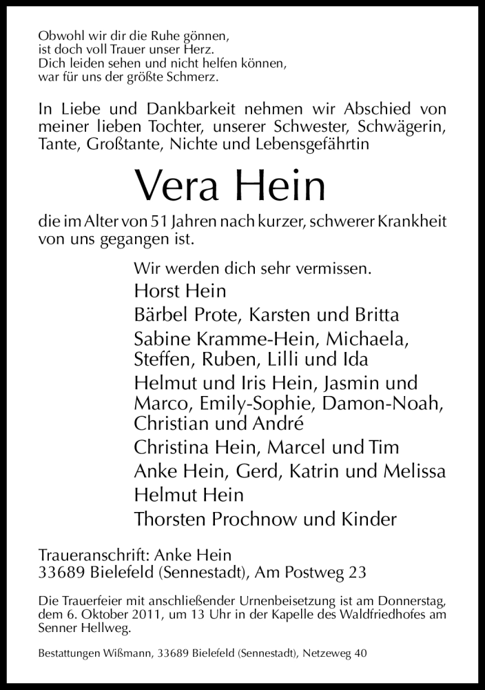  Traueranzeige für Vera Hein vom 01.10.2011 aus Neue Westfälische