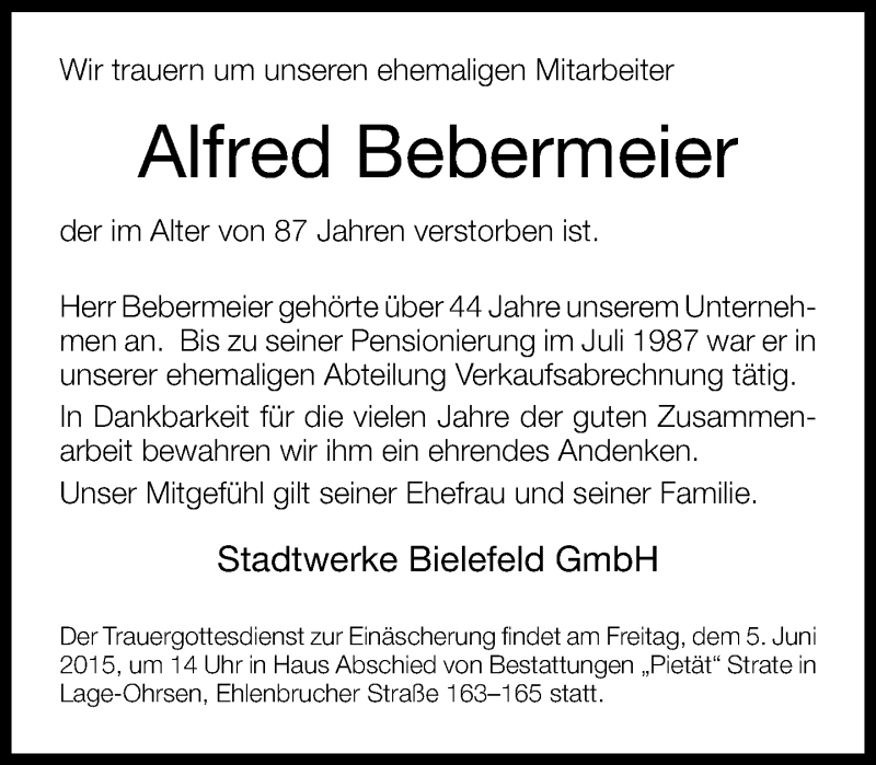  Traueranzeige für Alfred Bebermeier vom 02.06.2015 aus Neue Westfälische