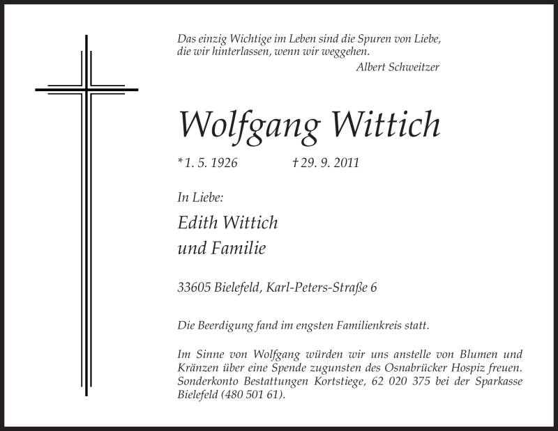  Traueranzeige für Wolfgang Wittich vom 08.10.2011 aus Neue Westfälische