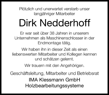 Traueranzeige von Dirk Nedderhoff von Neue Westfälische