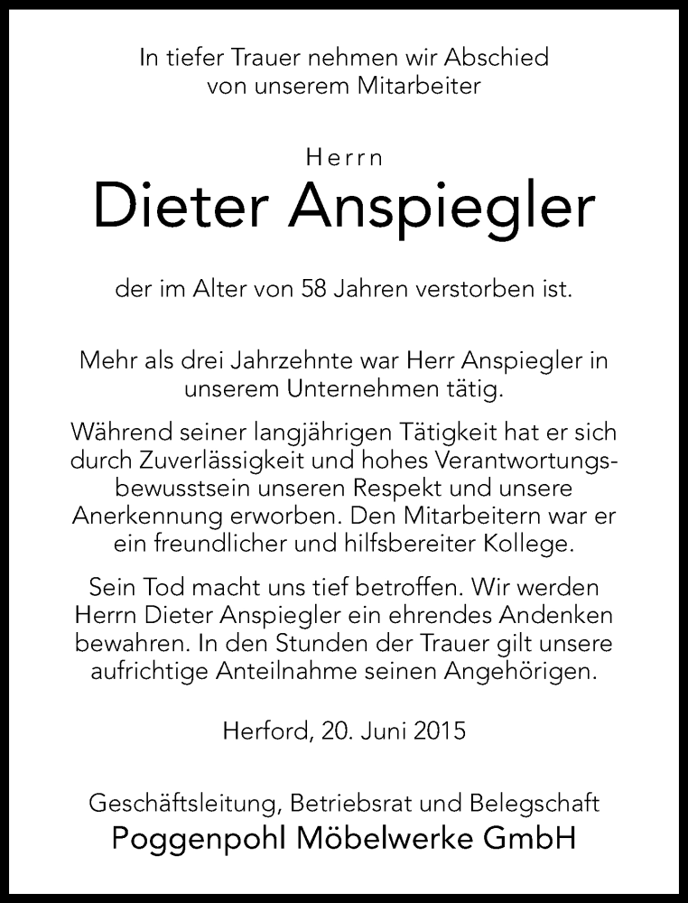  Traueranzeige für Dieter Anspiegler vom 20.06.2015 aus Neue Westfälische