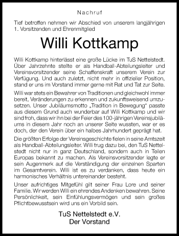 Traueranzeige von Willi Kottkamp von Neue Westfälische