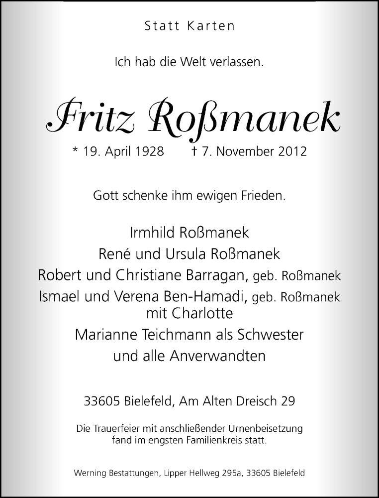  Traueranzeige für Fritz Roßmanek vom 17.11.2012 aus Neue Westfälische