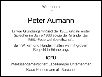 Traueranzeige von Peter Aumann von Neue Westfälische