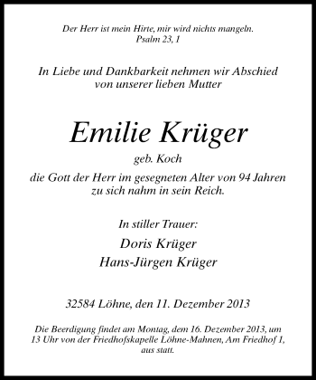 Traueranzeige von Emilie Krüger von Neue Westfälische
