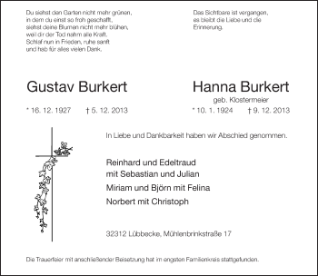 Traueranzeige von Gustav und Hanna Burkert von Neue Westfälische