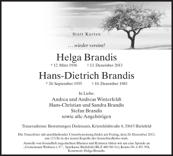Traueranzeige von Helga und Hans-Dietrich Brandis von Neue Westfälische