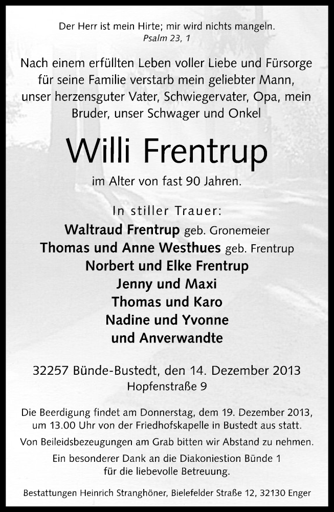  Traueranzeige für Willi Frentrup vom 16.12.2013 aus Neue Westfälische