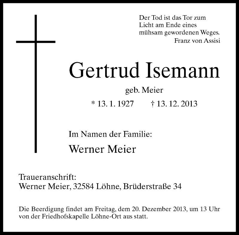  Traueranzeige für Gertrud Isemann vom 18.12.2013 aus Neue Westfälische