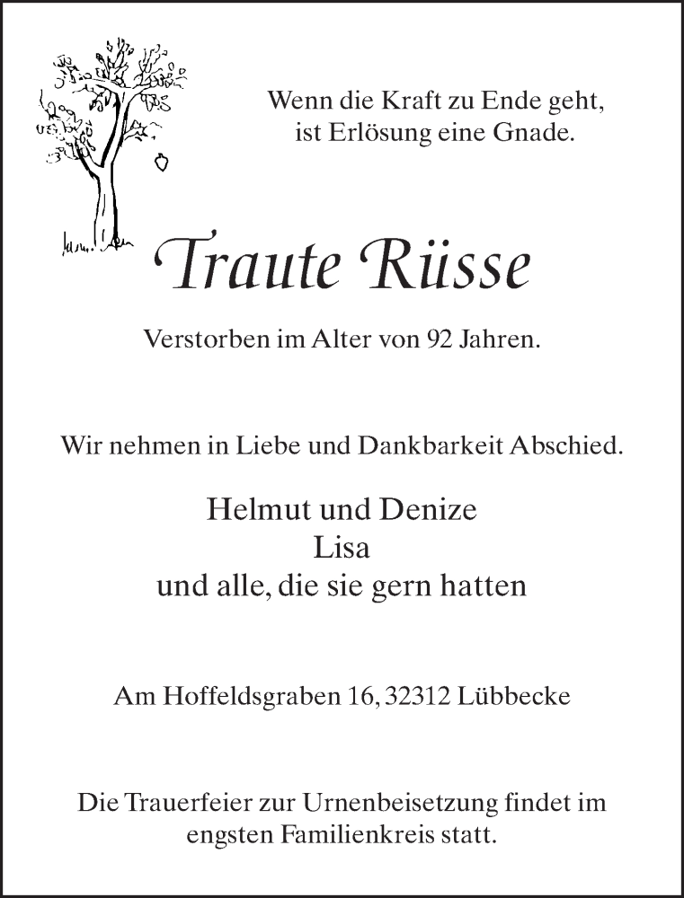  Traueranzeige für Traute Rüsse vom 17.12.2013 aus Neue Westfälische