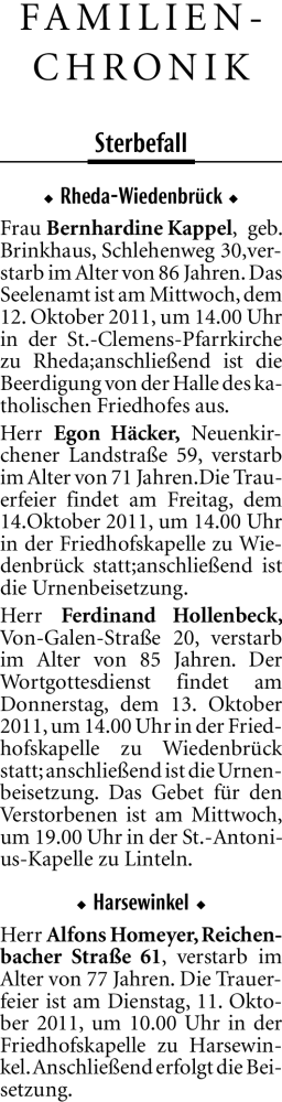  Traueranzeige für Bernhardine Kappel vom 10.10.2011 aus Neue Westfälische