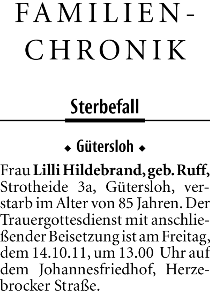  Traueranzeige für Lilli Hildebrand vom 11.10.2011 aus Neue Westfälische