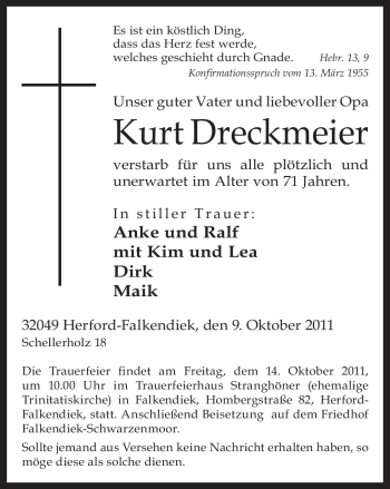 Traueranzeige von Kurt Dreckmeier von Neue Westfälische