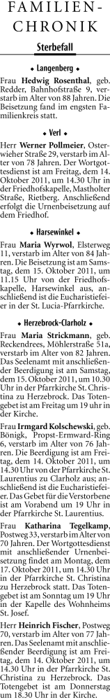  Traueranzeige für Hedwig Rosenthal vom 13.10.2011 aus Neue Westfälische