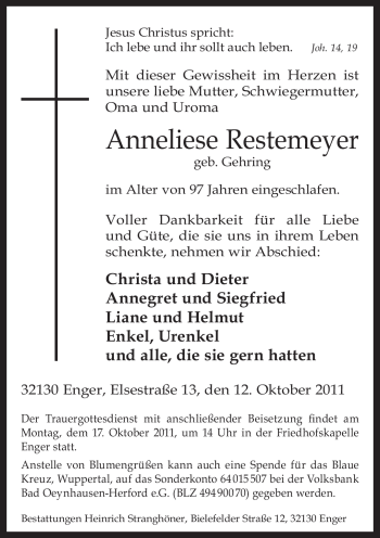 Traueranzeige von Anneliese Restemeyer von Neue Westfälische