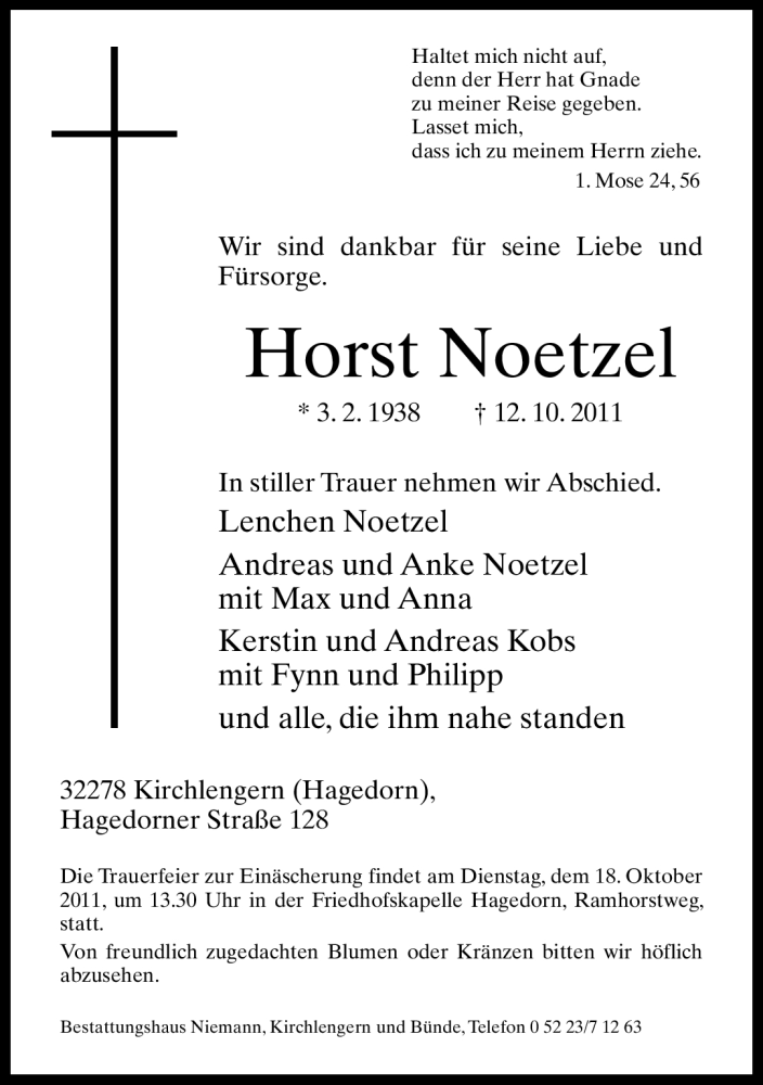  Traueranzeige für Horst Noetzel vom 14.10.2011 aus Neue Westfälische