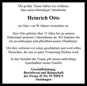 Traueranzeige von Heinrich Otto von Neue Westfälische