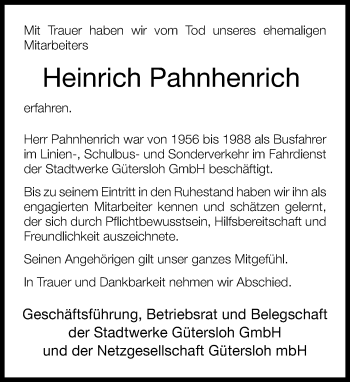 Traueranzeige von Heinrich Pahnhenrich von Neue Westfälische