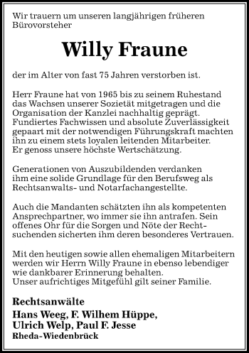 Traueranzeige von Willy Fraune von Neue Westfälische