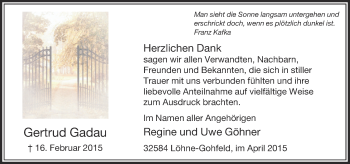 Traueranzeige von Gertrud Gadau von Neue Westfälische
