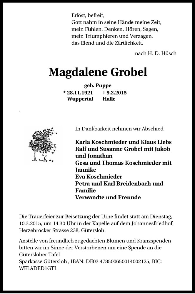  Traueranzeige für Magdalene Grobel vom 28.02.2015 aus Neue Westfälische