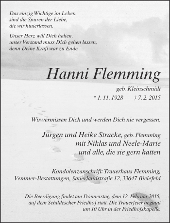 Traueranzeige von Hanna Flemming von Neue Westfälische