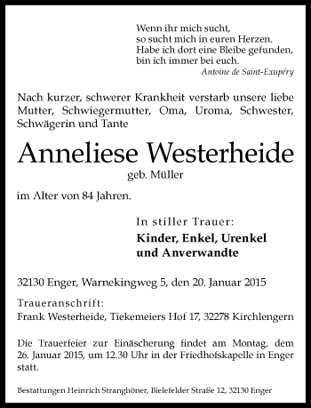 Traueranzeige von Anneliese Westerheide von Neue Westfälische