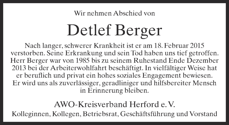  Traueranzeige für Detlef Berger vom 06.03.2015 aus Neue Westfälische