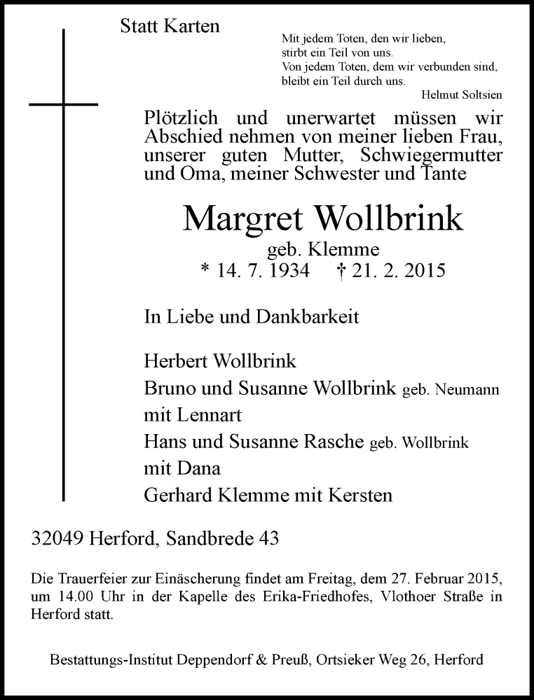  Traueranzeige für Margret Wollbrink vom 24.02.2015 aus Neue Westfälische