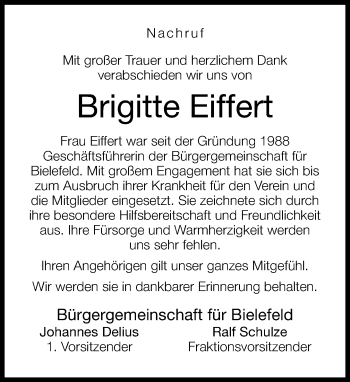 Traueranzeige von Brigitte Eiffert von Neue Westfälische