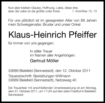 Traueranzeige von Klaus-Heinrich Pfeiffer von Neue Westfälische