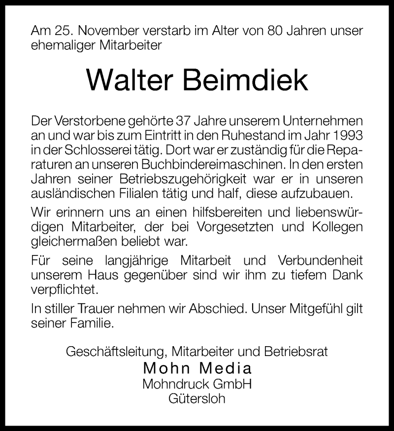  Traueranzeige für Walter Beimdiek vom 04.12.2012 aus Neue Westfälische