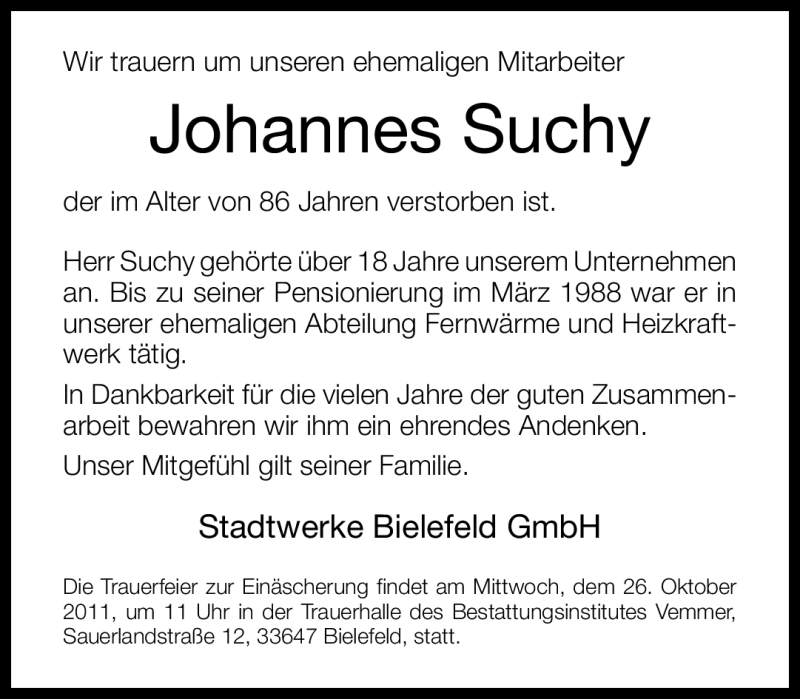  Traueranzeige für Johannes Suchy vom 25.10.2011 aus Neue Westfälische