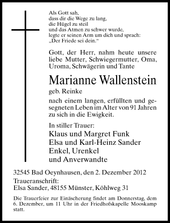 Traueranzeige von Marianne Walleinstein von Neue Westfälische