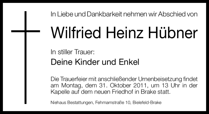  Traueranzeige für Wilfried Heinz Hübner vom 26.10.2011 aus Neue Westfälische