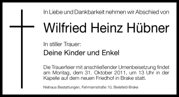 Traueranzeige von Wilfried Heinz Hübner von Neue Westfälische