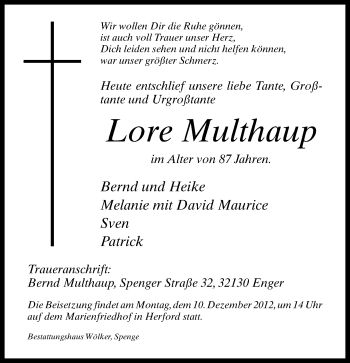 Traueranzeige von Lore Multhaup von Neue Westfälische