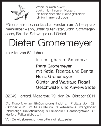 Traueranzeige von Dieter Gronemeyer von Neue Westfälische