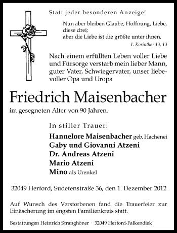 Traueranzeige von Friedrich Maisenbacher von Neue Westfälische