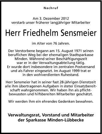 Traueranzeige von Friedhelm Sensmeier von Neue Westfälische