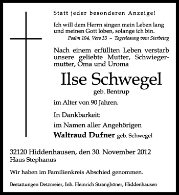 Traueranzeige von Ilse Schwegel von Neue Westfälische