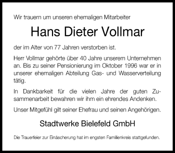 Traueranzeige von Hans Dieter  Vollmar von Neue Westfälische