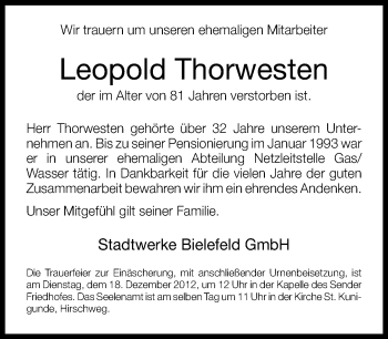 Traueranzeige von Leopold Thorwesten von Neue Westfälische