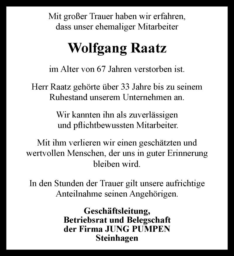  Traueranzeige für Wolfgang Raatz vom 14.12.2012 aus Neue Westfälische