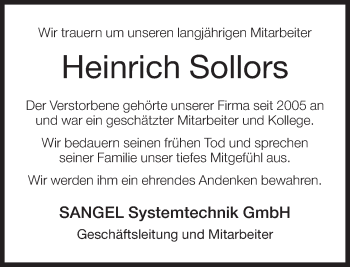 Traueranzeige von Heinrich Sollors von Neue Westfälische