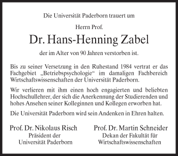 Traueranzeige von Hans-Henning Zabel von Neue Westfälische