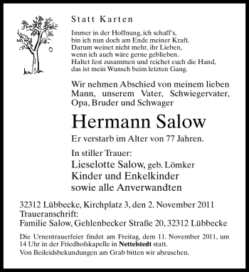 Traueranzeige von Hermann Salow von Neue Westfälische