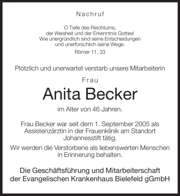 Traueranzeige von Anita Becker von Neue Westfälische