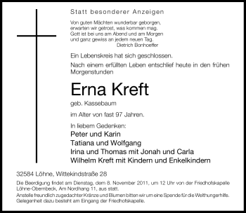Traueranzeige von Erna Kreft von Neue Westfälische
